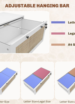 Lockable Filing Cabinet, Boho 2 Drawer File Cabinet with Adjustable Hanging Bar for Letter, A4 and Legal Size, White