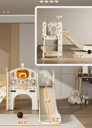 7-in-1 Toddler Slide, Kids Slide for Ages 1-6 Years w/ Ring Toss, Basketball Hoop, Telescope Climber, Storage Space