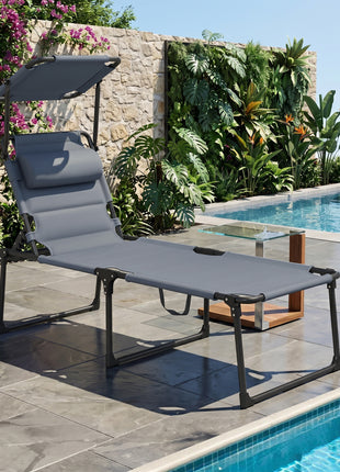 Outdoor Lounge Chair, 4 Position Adjustable Backrest, Folding, Cushioned w/ Sun Shade Roof & Pillow, Gray