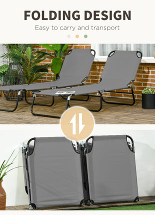 2 Pieces Pool Chaise Lounge Chairs, Folding Lounge Chairs with 5-Level Reclining Back, Steel Frame, Dark Gray