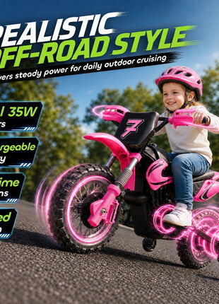12V Kids Motorcycle, 2 x 35W Electric Dirt Bike with Training Wheels, Rear Suspension, Horn for 3-6 Years, Pink