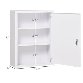 16" x 21" Lockable Medicine Cabinet, 3 Tier Steel Medical Wall Box with 2 Keys and Shelves for Bathroom, White