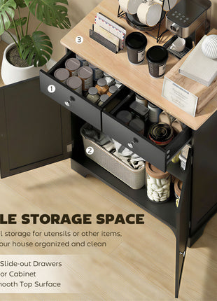 Kitchen Storage Cabinet, Sideboard Floor Cupboard with Solid Wood Top, Adjustable Shelf, and 2 Drawers, Black