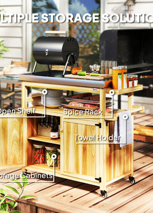 Outdoor Grill Cart w/ Stainless Steel Top, Solid Wood Outdoor Kitchen Island w/ Wheels, Storage Cabinets, Natural Wood