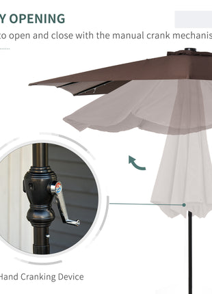 9' x 7' Solar Umbrella, LED Lighted Patio Umbrella for Table or Base with Tilt & Crank, Outdoor Umbrella for Garden, Deck, Backyard, Pool, Beach, Brown
