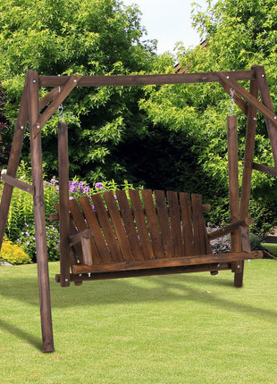 2-Seat Wooden Swing Bench, Ergonomic Design, 'A' Frame Construction, Stable and Non-Slip, Solid Wood Frame Log Garden Swing, for Outdoor and Indoor, Brown