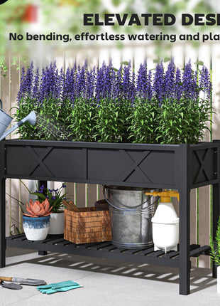 Raised Garden Bed, 47 x 22 x 31.5 in. Elevated Wood Planter Box with Storage Shelf, Drainage Holes, and Liner, Black