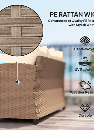 6 Piece Patio Furniture Set, PE Wicker Outdoor Furniture Conversation Set with 3 Sofas, 2 Ottomans and Slatted WPC Top Dining Table, All Weather Sectional Sofa Couch with Pillows, Khaki