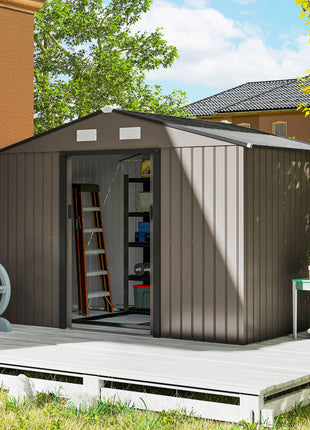 Outdoor Shed Garden Storage Shed Tool Storage Building with 4 Vents and 2 Sliding Doors, 9 x 6 FT, Brown
