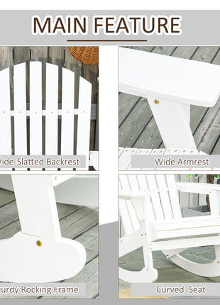 Wooden Adirondack Rocking Chair Outdoor Lounge Chair Fire Pit Seating with Slatted Wooden Design, Fanned Back, White