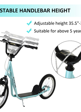 Youth Scooter Kick Scooter for Kids 5+, Max Load 220 LBS., with Adjustable Handlebar, 16" Inflatable Wheels, Dual Brakes, Blue