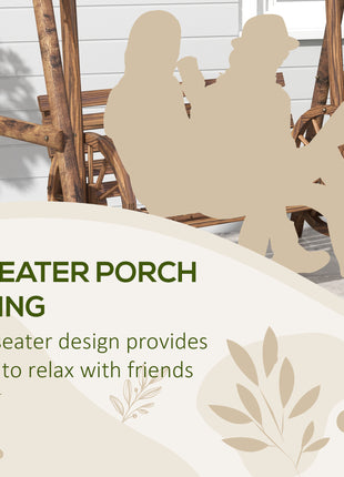 2-Seat Porch Swing with A-Frame Stand, Wooden Log Patio Swing Chair Bench with Wagon Wheel Armrests, Carbonized Brown