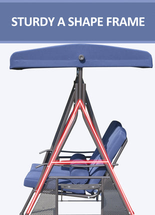 2-Person Patio Swing Bench with Adjustable Shade Canopy, Soft Cushions, Throw Pillows and Tray, Dark Blue