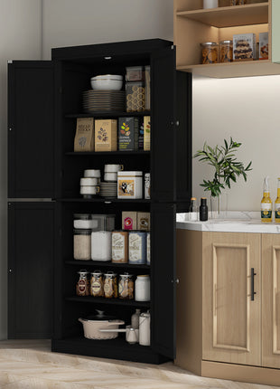 72" Kitchen Cabinet, Pantry Storage Cabinet with Doors and Shelves, Freestanding Food Pantry Cabinet, Black Wood Grain