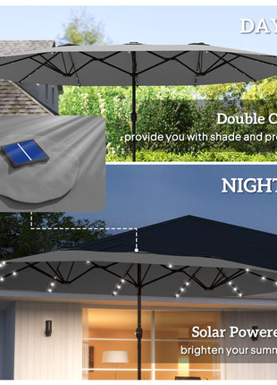 Garden Parasol 14.4ft Double-Sided Sun Umbrella with Base, Patio Parasol with LED Solar Lights, Gray