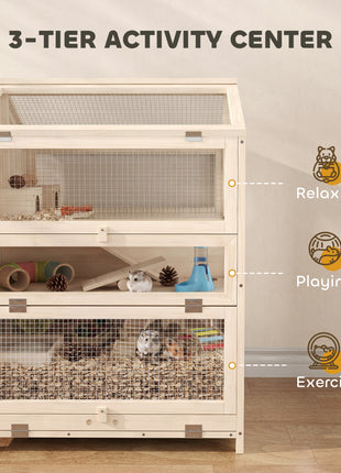 Wooden Hamster Cage, Large 3 Tier Hamster Cage w/ Pull-Out Tray, Openable Top, Hut, Seesaws, 26.8"L x 24.2"W x 35.4"H