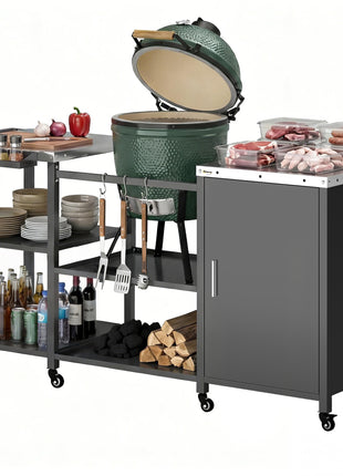 Grill Table for Big Green Egg Grill, Heavy Duty Metal BBQ Prep Table with Stainless Steel Top and Storage Cabinet, Black