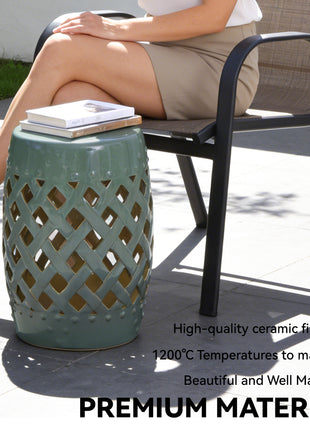 13" x 18" Ceramic Garden Stool with Woven Lattice Design & Glazed Strong Materials Decorative Outdoor Stool, Green