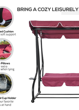 3-Seat Outdoor Patio Swing Chair, Converting Flatbed, Outdoor Swing Glider with Adjustable Canopy, Removable Cushion and Pillows, for Porch, Garden, Poolside, Backyard, Red