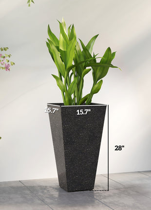 28" Tall Planters, Set of 3 Plastic Flower Pots with Marble Finish and Drainage Holes, Stackable Taper Planters, Black