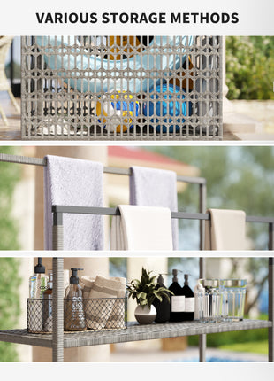 Wicker Pool Float Storage Organizer, PE Rattan Pool Float Holder with Basket Shelf Towel Bars, Rolling Pool Caddy for Floaties, Noodles, Life Vests, Beach Balls, Mixed-Gray