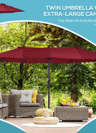 Extra Large 15 ft Patio Umbrella, Double-Sided Wide Outdoor Umbrella with Crank Handle and Air Vents for Backyard, Deck, Pool, Market, Wine Red