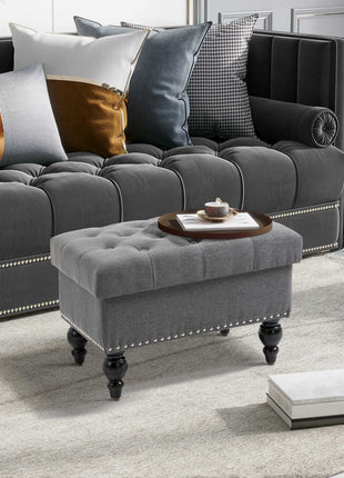 Ottoman with Storage for Living Room, 25" Storage Ottoman with Removable Lid, Button-Tufted Fabric Bench for Footrest and Seat with Wood Legs, Gray
