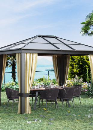 10' x 12' Hardtop Gazebo Canopy with Polycarbonate Roof, Aluminum Frame, Permanent Pavilion Outdoor Gazebo with Netting, for Patio, Garden, Backyard, Deck, Lawn, Black, Beige