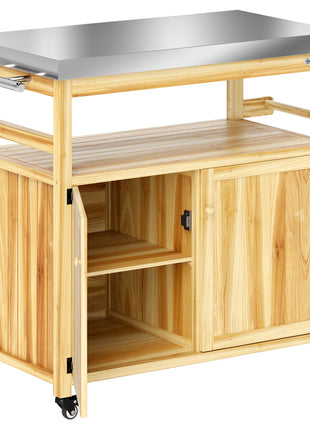Outdoor Grill Cart w/ Stainless Steel Top, Solid Wood Outdoor Kitchen Island w/ Wheels, Storage Cabinets, Natural Wood