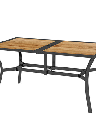 Rectangular Patio Table with Umbrella Hole, Faux Wood Rectangle Outdoor Dining Table for 6 People for Garden, Brown