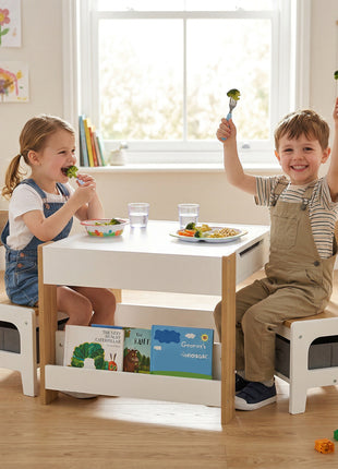 3pc Kids Table and Chair Set with Reversible Tabletop Blackboard, Storage & Bookshelves, Natural