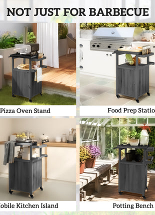 Outdoor Grill Cart with Stainless Steel Top, Solid Wood Outdoor Kitchen Island with Wheels, Integrated Hole, Dark Gray