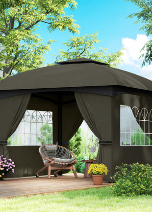 11' x 11' Outdoor Gazebo, Double Roof Patio Gazebo with Curtains, Church Windows, Galvanized Steel Frame, Dark Gray