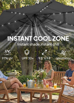9.7 ft Outdoor Patio Umbrella with Solar LED Lights, 3 Tier Outdoor Table Umbrella with Tilt, Crank, Black