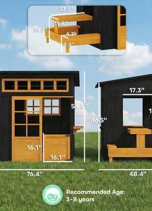 Outdoor Playhouse, Wooden Kids Playhouse w/ Picnic Table & Benches, Chalkboards, Half Door, Windows, for Kids Ages 3-8