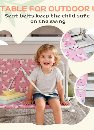 Kids Porch Swing, 2-Seater Patio Swing Bench with Safety Belts, Adjustable Canopy for Backyard, Garden, Pink