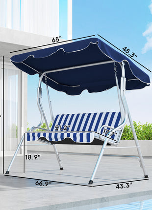 3-Person Porch Swing with Canopy, Patio Swing Chair, Outdoor Canopy Swing Bench with Adjustable Shade, Cushion and Steel Frame, Dark Blue & White Striped