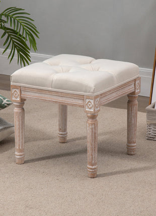Ottoman Bench Vintage Footrest w/ Button Tufted Seat, Carved Wooden Legs, Beige