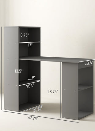 Compact Computer Desk with 6-Tier Storage Shelves, Writing Table Workstation with Bookshelf for Home Office, Gray