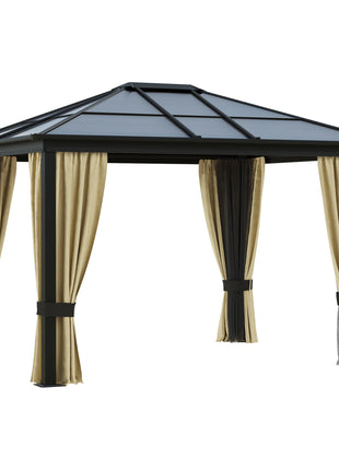 10' x 12' Hardtop Gazebo Canopy with Polycarbonate Roof, Aluminum Frame, Permanent Pavilion Outdoor Gazebo with Netting, for Patio, Garden, Backyard, Deck, Lawn, Black, Beige