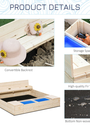 Kids Wooden Sandbox w/ Two Plastic Boxes Foldable Bench Seat Waterproof Cover Bottom Liner Storage Space