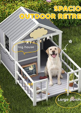 Outdoor Dog House, 61"L Wooden Dog House with Porch, Weatherproof Roof, Elevated Base, Air Vents & Observation Windows