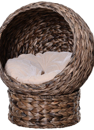 Handwoven Elevated Cat Bed with Rotating Basket and Soft Cushion, Wicker Cat Egg Chair with Stand, Brown