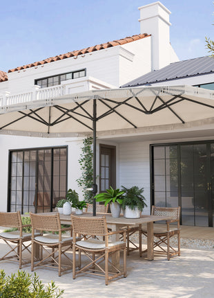 15ft Rectangle Patio Umbrella UPF30+ Extra Large Outdoor Umbrella with Fringe and Crank Handle, Cream White