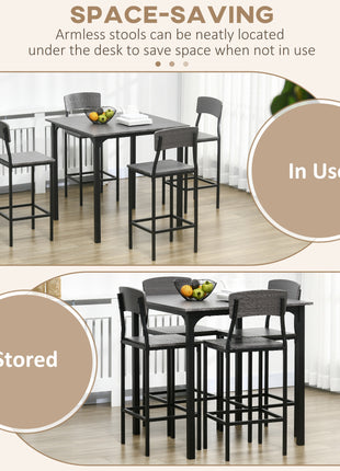 5-Piece Counter Height Bar Table with Space-Saving Design, Square Kitchen Table and Chairs Set with Footrest, Metal Legs, Industrial Dining Table Set for 4, Gray