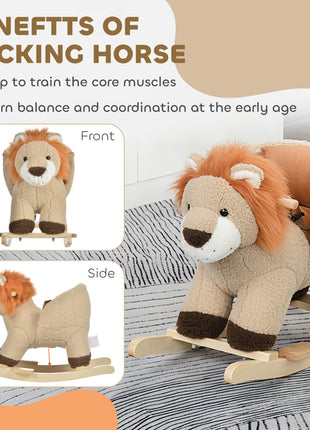 Baby Rocking Horse Lion with Sound, Plush Stuffed Rocking Animals, Wooden Rocking Horse with Seat Belt for 18-36 Months Boys and Girls Gift, Brown