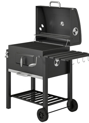 Charcoal BBQ Grill and Smoker Combo Outdoor Portable Trolley Camping Picnic Backyard with Side Shelf, Black