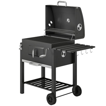 Charcoal BBQ Grill and Smoker Combo Outdoor Portable Trolley Camping Picnic Backyard with Side Shelf, Black