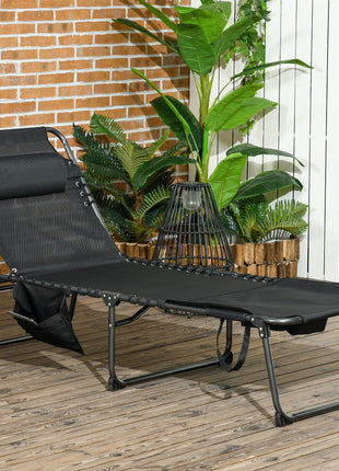 Folding Chaise Tanning Lounge Chair w/ 5-level Reclining Back, Reading Hole, Side Pocket, Headrest, Black