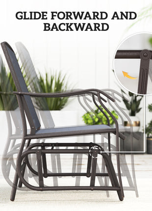 3 Piece Outdoor Glider Chair with Coffee Table Bistro Set, 2 Patio Rocking Swing Chairs with Breathable Sling Fabric, Glass Tabletop, for Backyard, Garden and Porch, Gray